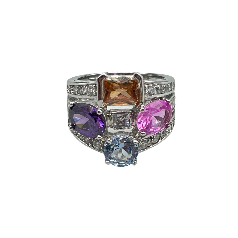 Colorful Cocktail Ring Size 7.5 Silver Tone & Glass Stones Pink Purple Tones